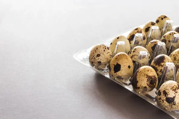 Kwarteleitjes in een klei kom op donkere stenen tafel. — Stockfoto