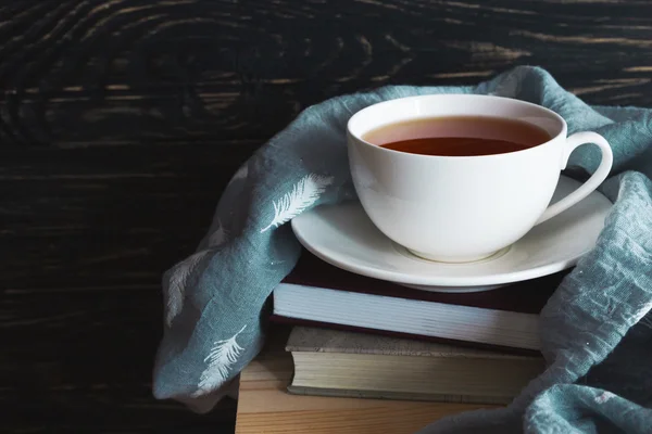 Tela de punto caliente, taza de té y libros — Foto de Stock