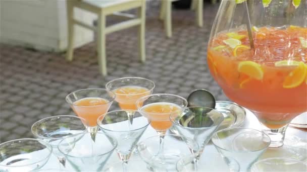 Пітчер з освіжаючим напоєм зі скибочками лимона, апельсином та ягодами — стокове відео