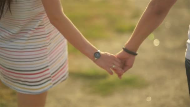 Hamile, evli çift birlikte tutuşup yürümek — Stok video