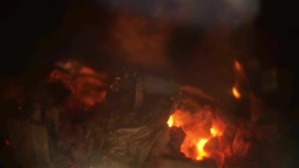 Detailní záběr hořícího dřeva v ohni — Stock video