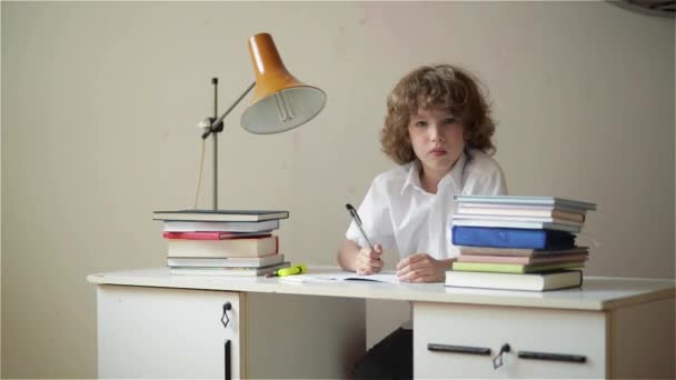 Menino pequeno estudando ou fazendo trabalho doméstico, estudante estudando com caderno e livros na mesa — Vídeo de Stock