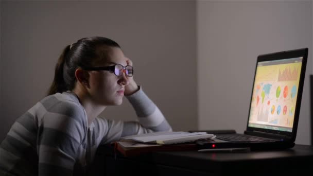 Sleepy wyczerpane kobieta pracuje w domu z jej laptopa, zamykają oczy i ona ma zamiar zasnąć, brak snu i jego koncepcja pracy nadgodziny — Wideo stockowe