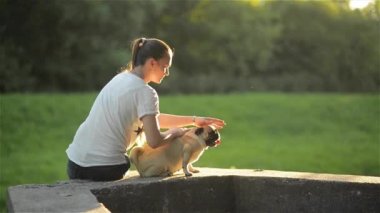 Genç güzel kız köpeğini bir parkta günbatımında okşayarak. Kadın köpek onu köpekle oynamayı ve parapetin üzerinde oturan sahibi