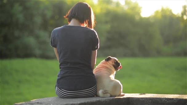 Szczęśliwa młoda kobieta usiąść z psem i patrząc na siebie na zewnątrz, Dziewczyna głaszcząc jej mops w parku, ciepły słoneczny dzień — Wideo stockowe