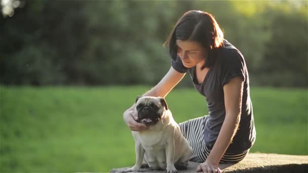 Junges schönes Mädchen streichelt ihren Hund in einem Park bei Sonnenuntergang. Frau spielt mit Hund, Hund und Herrchen auf Brüstung — Stockvideo