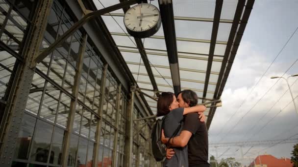 Счастливая пара обнимается на железнодорожной платформе. Прощание на вокзале, девушка и парень целуются на платформе — стоковое видео