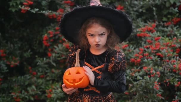 Menina bonita vestida como uma bruxa com uma abóbora-halloween com uma vela acesa, criança gritando para a câmera, Contra o pano de fundo de um arbusto com bagas vermelhas de sangue — Vídeo de Stock