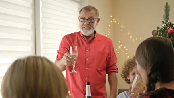 Šťastná rodina slaví společně Vánoce. Tradiční slavnostní vánoční večeře v multigenerační rodině. Starší člen rodiny pronese přípitek. — Stock video