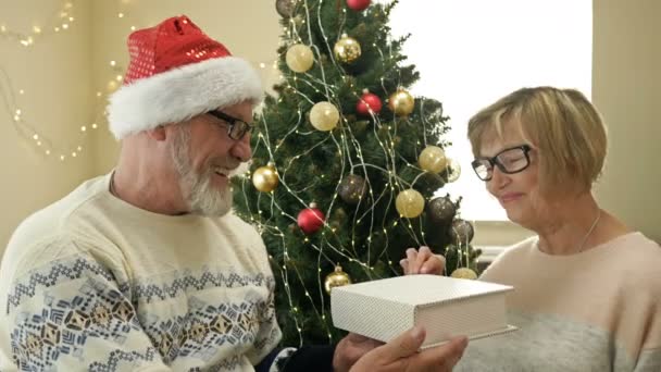 Joyeux couple marié âgé célébrant Noël. Mari portant un chapeau de Père Noël donne à sa femme un cadeau. — Video