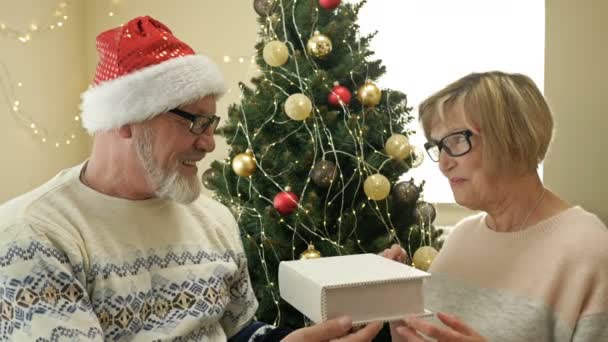 Alegre pareja de ancianos casados celebrando la Navidad. Esposo con un sombrero de Santa le da a su esposa un regalo. — Vídeos de Stock
