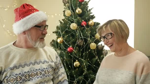 Alegre pareja de ancianos casados celebrando la Navidad. Esposo con un sombrero de Santa le da a su esposa un regalo. — Vídeos de Stock