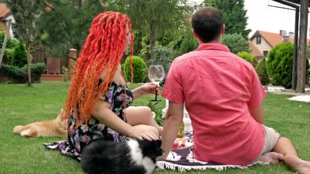 Un par de amantes tuvieron un romántico picnic en el patio de su casa. Cerca en la hierba hay dos perros pequeños. — Vídeo de stock