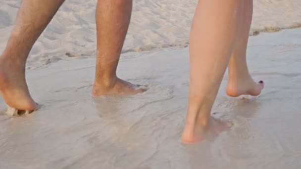 Erkek ve dişi bacakları sahilde suyun üzerinde geziniyor.. — Stok video