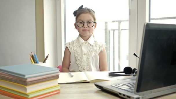 An elementary school student prepared for an online lesson. Distance learning — Stock Video