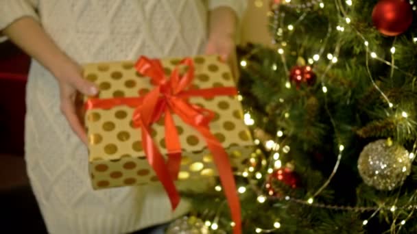 As mãos das mulheres estão segurando um presente lindamente embrulhado. Contra o fundo da árvore de Natal. Feliz Ano Novo. Feliz Natal!. — Vídeo de Stock