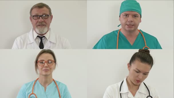 Skupinová videokonference lékařských pracovníků sdílí nápady na dálku. — Stock video