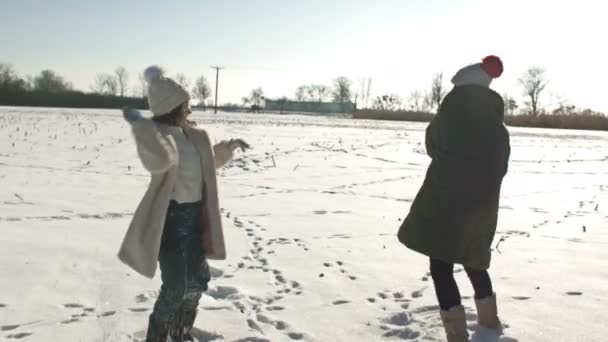 若い女性と10代の女の子は冬の散歩中に雪玉をプレイ. — ストック動画