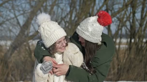 Mor och en vuxen dotter eller två flickvänner tittar på varandra med kärlek, och någon kastar snö på dem. — Stockvideo
