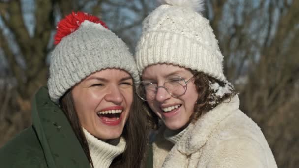 母と大人の娘や2人のガールフレンドは、冬の日の背景にお互いを愛し見て、誰かが彼らに雪を投げています. — ストック動画