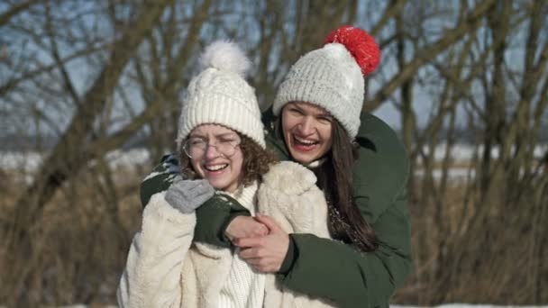 Máma a dospělá dcera nebo dvě sestry se během zimní procházky baví a někdo po nich házel sníh.. — Stock video