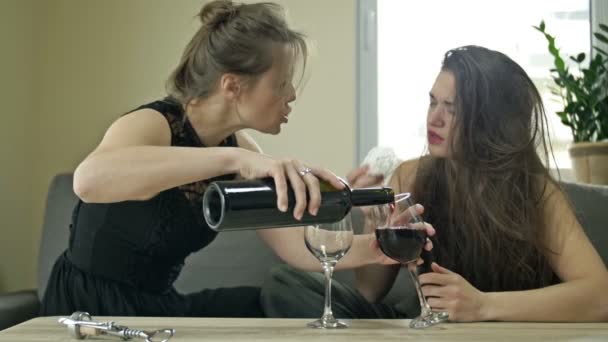 Η μια κοπέλα παρηγορεί την άλλη. Οι γυναίκες ανακουφίζουν το άγχος με αλκοόλ. — Αρχείο Βίντεο