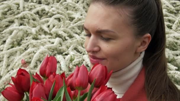 Retrato de uma jovem mulher feliz com um buquê de tulipas vermelhas. Contra o fundo de um arbusto branco florido. Close-up. — Vídeo de Stock