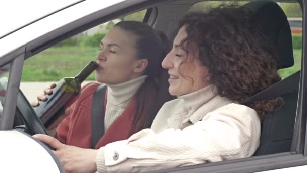 Zwei Freundinnen trinken Wein aus einer Flasche, während sie im Auto sitzen. Trunkenheit am Steuer. — Stockvideo