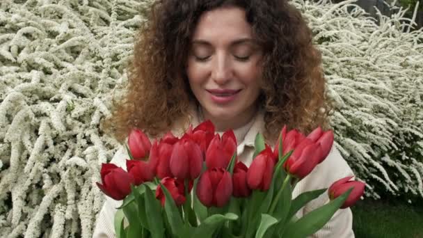 Retrato de uma mulher feliz com um buquê de tulipas vermelhas. Contra o fundo de um arbusto branco florido. Close-up. — Vídeo de Stock