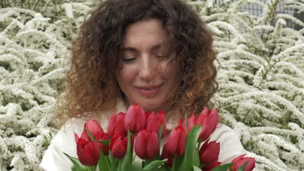 빨간 튤립 꽃다발을 들고 있는 행복 한 여인의 모습. 배경에 꽃피는 흰 관목 이 있다. 클로즈업. — 비디오