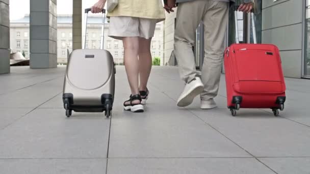 Pareja con maletas caminando por el aeropuerto o la estación de tren. Vista trasera. — Vídeos de Stock