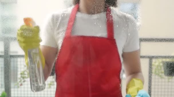 Manos femeninas en guantes amarillos limpiando el cristal de la ventana con trapo y detergente en aerosol. Lavado de ventanas con spray. — Vídeo de stock