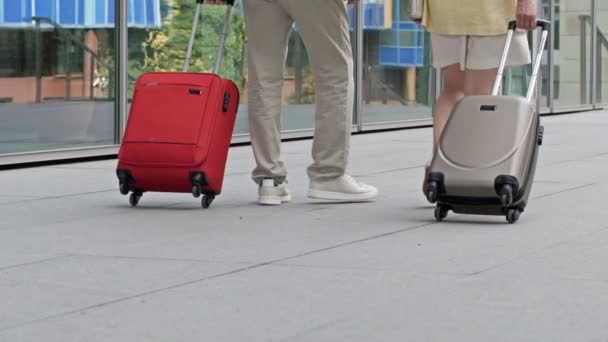 Paar mit Koffern auf dem Weg durch den Flughafen oder Bahnhof. Rückseite. — Stockvideo