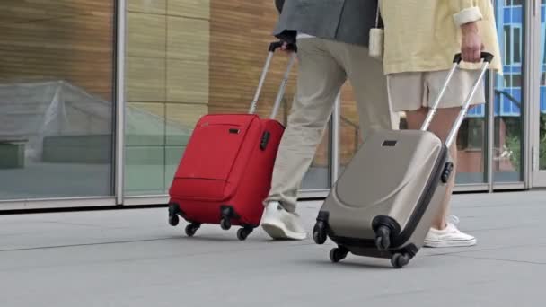 Vista trasera de una pareja adulta caminando con maletas antes de viajar al aeropuerto o terminal de transporte. — Vídeos de Stock