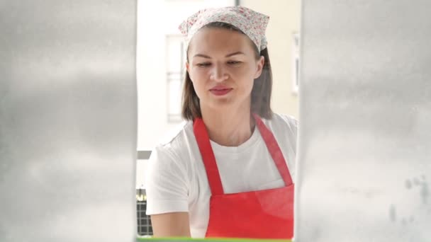 Aantrekkelijke vrouw wassen van het venster. Schoonmaak bedrijf werknemer werkt. — Stockvideo