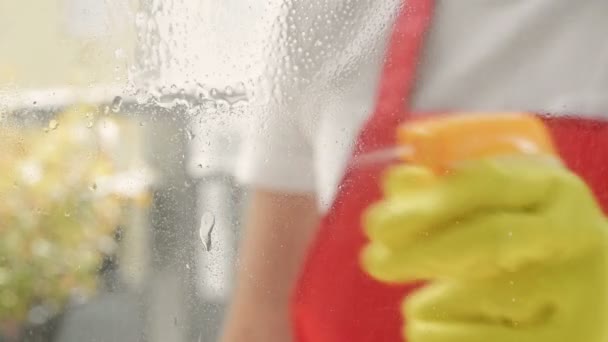 Manos femeninas en guantes amarillos limpiando el cristal de la ventana con trapo y detergente en aerosol. Concepto de limpieza. — Vídeo de stock