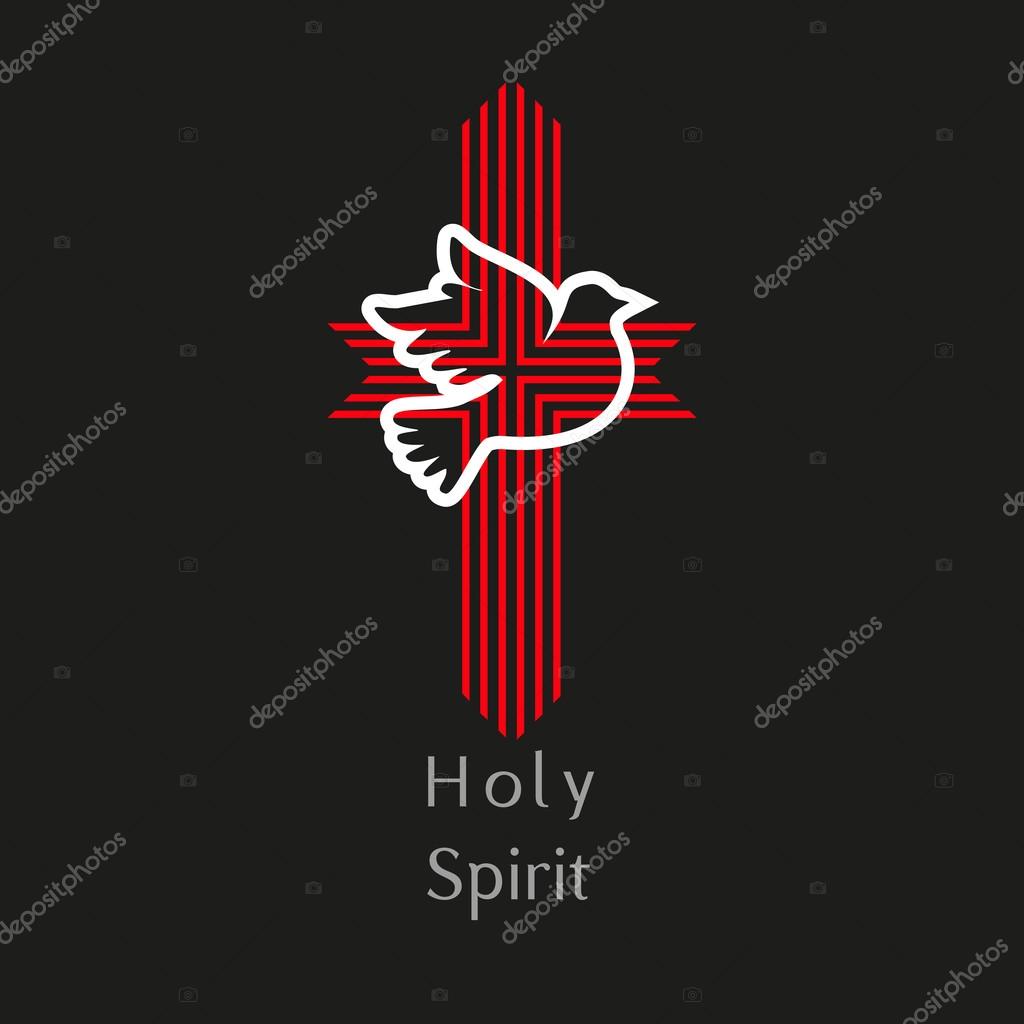Church logo. Christianchurch concept. Holy spirit. Church sacrament symbol. Biblical tongues of fire, cross, holy spirit dove. Religious logo. Vector illustration.
