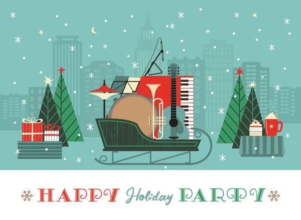 Süslü kış tatili el çizimi vektör posteri. Noel kızağı tasarım elementinde müzik aletleri, retro renk minimumda. Kış Yeni Yıl Tatil Sezonu Resim Etkinliği