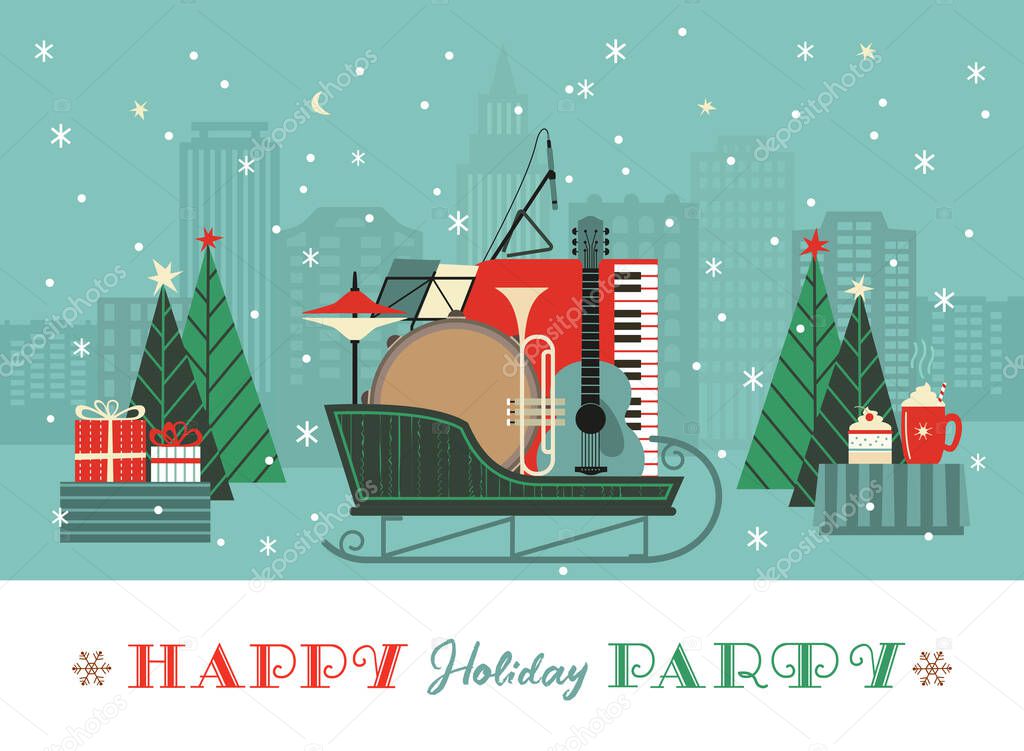 Fancy winter Holiday hand drawn vector poster. Musical instruments in Christmas sleigh cartoon design element, retro color minimal style. Winter New Year holidays season event background illustration
