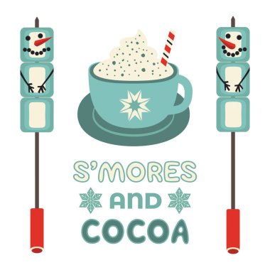Warm cozy smores and cocoa station welcome sign vector icon. Roast marshmallow snowman hot cocoa chocolate cup bar entertaining illustration. Seasonal outdoor activity background. Winter campfire fun clipart