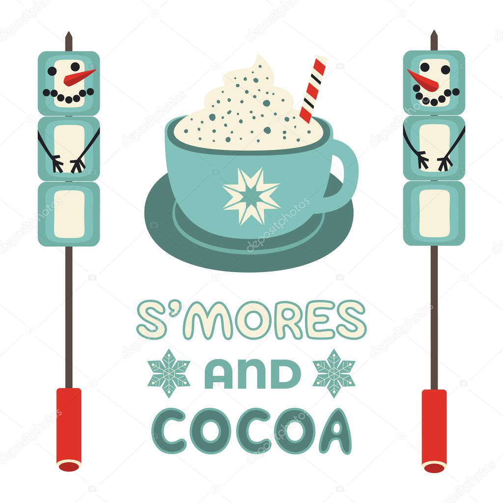 Warm cozy smores and cocoa station welcome sign vector icon. Roast marshmallow snowman hot cocoa chocolate cup bar entertaining illustration. Seasonal outdoor activity background. Winter campfire fun