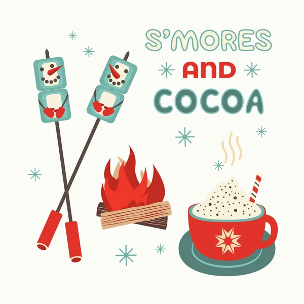 Cálido Acogedor Smores Estación Cacao Icono Vector Signo Bienvenida Malvavisco — Vector de stock