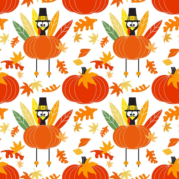 Happy Thanksgiving Day holiday fancy seamless vector flat color pattern. Cute turkey pumpkin cartoon design element. Hand drawn autumn Fall harvest holiday festival celebration background illustration