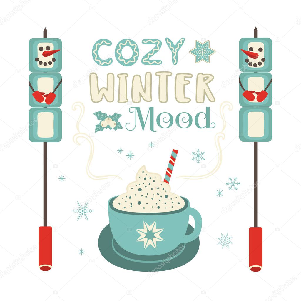 Cozy winter mood smores and cocoa sign vector