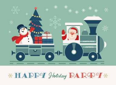 Mutlu bayramlar Noel Baba tren partisi vektör posteri. Buharlı Noel Ekspresi, çizgi film sunar. Noel Baba, kardan adam eğlenceli tren yolculuğu. Tatil sezonu çocukları büyülü Noel trenini kutluyor