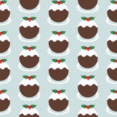 Noel Pudingi dekoratif vektörsüz desen. Kış sezonu tatil çizgi filmi. Geleneksel erik pudingi, brendi tereyağlı kutsal filizlenme arkaplanı. Noel dekorasyon şablonu çizimi