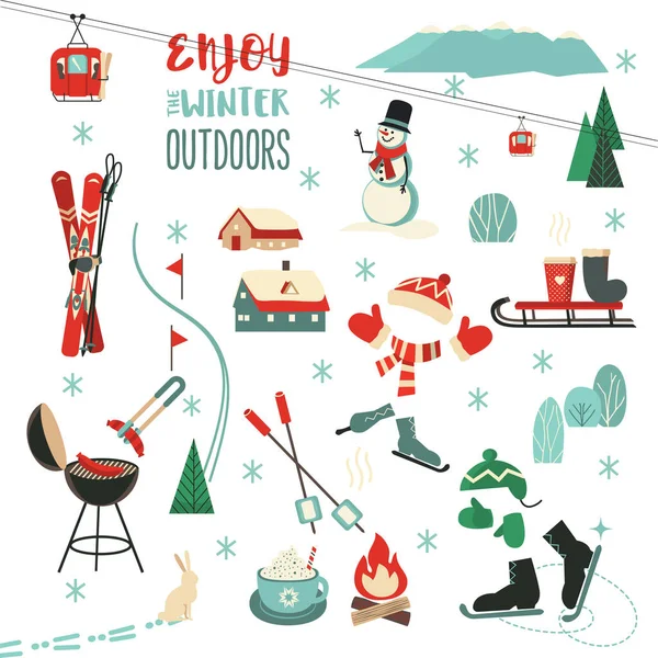 Winter Outdoors fun sport activity icon collection