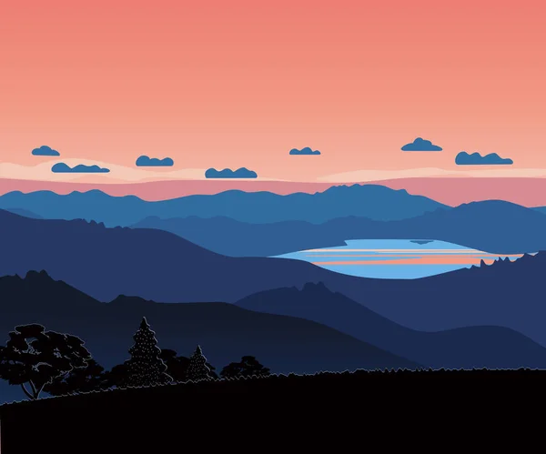 Mountain Valley Red Sky Sunrise Landscape Scene - Stok Vektor