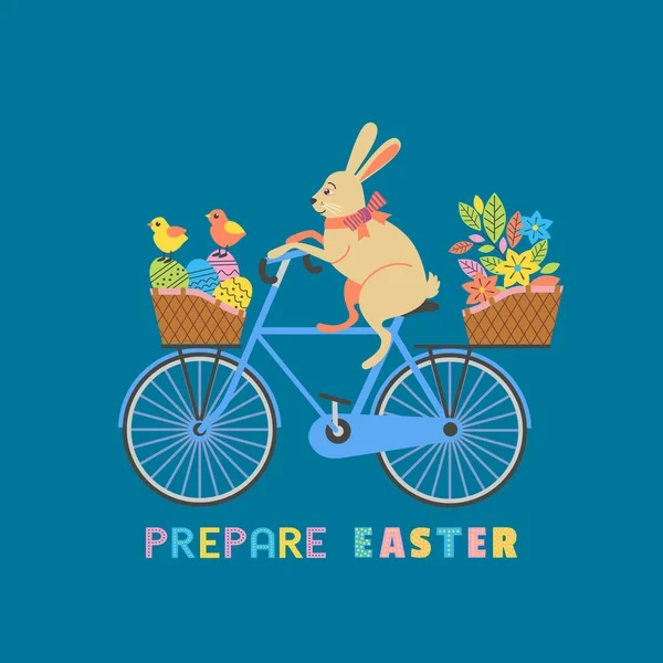 Милый пасхальный кролик на велосипеде с яйцами в корзине — стоковый вектор