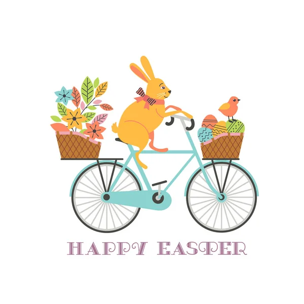 Cute Easter Rabbit on Bicycle with Eggs in basket — Stock Vector